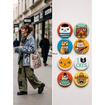 8'li Set-8 Kedi Temalı Rozet Seti Sevimli Renkli Cat Desenli Kawaii Broş Pin Çok Renkli
