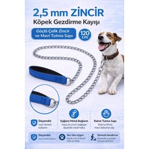 Zincir Köpek Gezdirme Kayışı Dayanıklı Çelik &amp Ergonomik Tutma Saplı 2,5 Mm-120 Cm Mavi