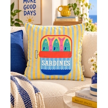Akdeniz Esintili Retro Balık Desenli Kırlent Kılıfı - 45x45 Cm Çift Taraflı Çok Renkli