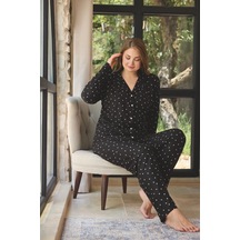 Pijamoni Kadın Büyük Beden Süet Kumaş Önü Düğmeli Şık Pijama Takımı Siyah Desenli