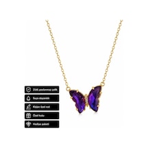 Mor Butterfly Taşlı 316l Paslanmaz Çelik Kolye Hediye Altın - Gümüş