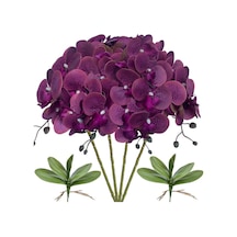 4lü Set Yapay Çiçek Koyu Mor Islak Orkide Ve 2 Adet Orkide Yaprağı Gerçeksi Doku Uzun Dal 90cm