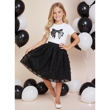 Dıgıl Kids Kız Çocuk Kurdele Ve Çiçek Desenli T-shirt Etek Takım Siyah - Beyaz