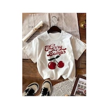 Medinenur Cherry Baskılı Basic T-shirt Beyaz