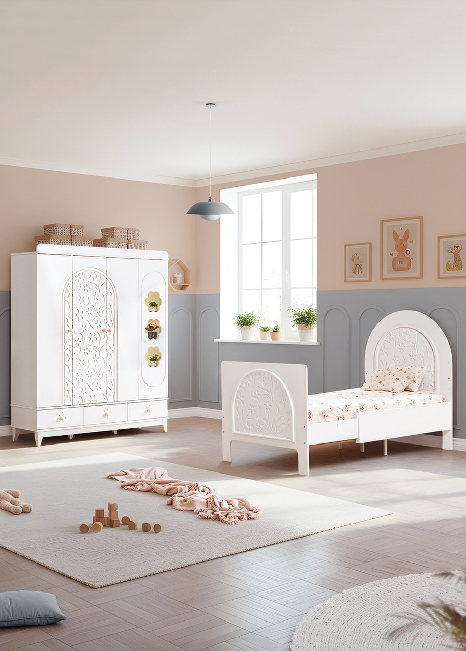 Garden Çocuk Odası Takımı, Garden 4 Kapaklı Dolap, Garden Büyüyen Beşik - Beyaz