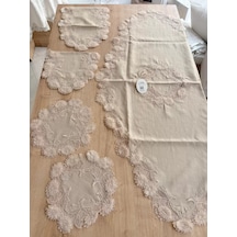 Salon Takımı Çeyizlik Kapiçino Runner Set 5 Parça Keten Masa Örtüsü Runneri Flowers Diğer