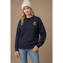 Fashion Friends Bisiklet Yaka Nakışlı İndigo Kadın Kazak 25k0313k1