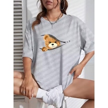 Flood Of Style Kadın Gri Fermuar Ayı Baskılı Oversize
