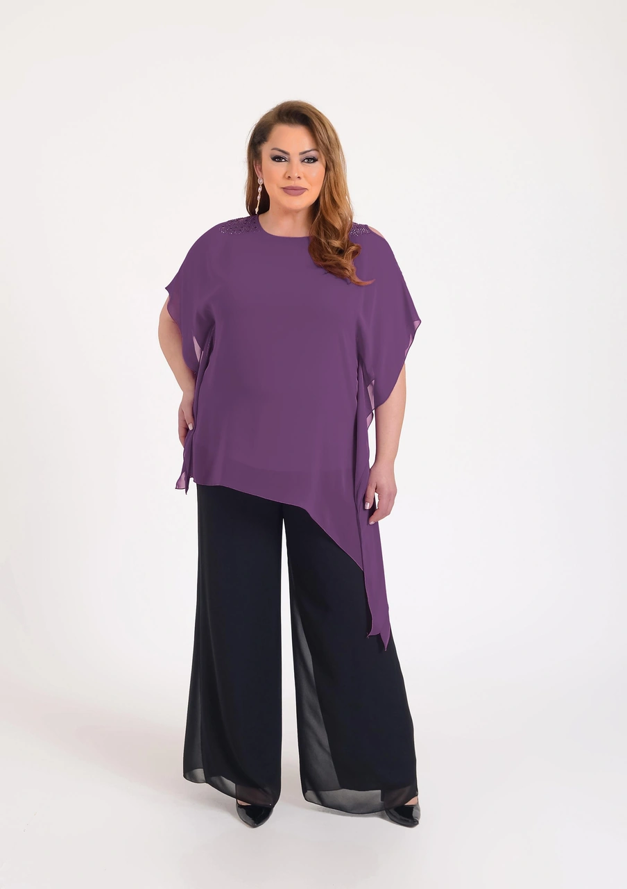 Lilas Xxl Büyük Beden Mor Renkli Asimetrik Kesim Şifon Bluz Mor Lilas Xxl Büyük Beden Mor Renkli Asimetrik Kesim Şifon Bluz Mor