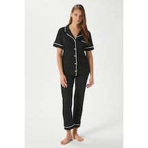 Ritnice Kadın Vanessa Viskon Ön Düğmeli Kısa Kol Biyeli Siyah Alt Üst Pijama Takımı Siyah