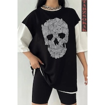Startmore Siyah Oversize Çift Renk Skull Baskılı Unisex Tshirt Beyaz