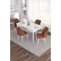 Canisa Concept Han Serisi 70x114, Açılabilir Mdf Mutfak Masa Takımı, Beyaz Mermer Desen Masa 4 Kiremit Sandalye Masa Beyaz Mermer Desen Sandalyeler Kiremit