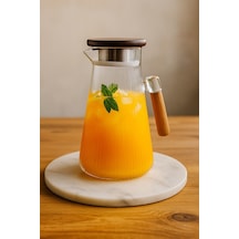 Akasya Ahşap Saplı Cam Sürahi 1.7 L Borosilikat Cam Gövde, Modern Sunum