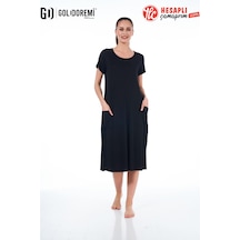 Gd Goldoremi 23234 Premium Kadın Açık Yaka Kısa Kollu Rahat Kalıp Bol Kısa Kollu Cepli Elbise Siyah