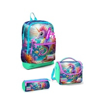Coral High Kids Mavi Su Yeşili Denizatı Desenli 3 Lü Okul Çanta Seti Set0123772 Çok Renkli