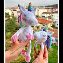 Amigurumi Unicorn Çıngırak Seti Uyku Arkadaşı Oyuncak Çok Renkli