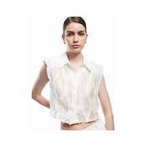 Koton Koton X Melis Ağazat - Viskon Kumaş Astarlı Dokulu Klasik Yaka Kolsuz Crop Gömlek Kırık Beyaz 5sak60422uw Ekru