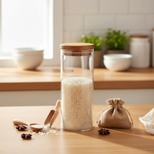 Deconox Doğal Akasya Ahşap Kapaklı Borosilikat Cam Kavanoz - 350 Ml Vakumlu Yuvarlak Baharatlık, Çay Ve Kahve Saklama Kabı 2.8 L