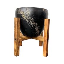BİTKİ TASARIMI EV DEKORASYON SİYAH ÜZERİ GOLD MERMER EFEKTLİ TOPRAK SAKSI SAKSILIK SALON ÇİÇEKLİK 4 AYAKLI - 15 CM