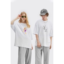 Unisex Kadın Erkek Bugs Bunny Ve Lola Baskılı Sevgili Çift Kombini Tasarım Oversize T-shirt 2'li Set Beyaz Mck1960 Beyaz
