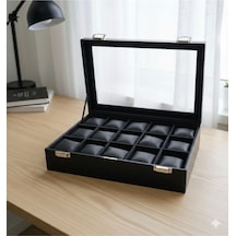 Premium 15 Yuvalı Tamamen Deri Kaplama Cam Kapaklı Şık Tasarım Saat Saklama Kutusu Ebat 34x24x8 Cm Siyah