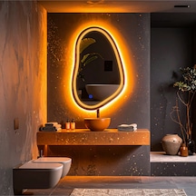 Vornel Amber Led'li Lazer Kumlamalı Lavabo & Banyo Aynası Dokunmatik Sensörlü 70 X 45 Turuncu