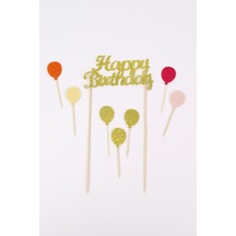 Altın Happy Birthday Balon Pasta Süsü