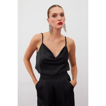Sateen Degaje Yaka Saten Bluz - Siyah