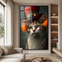 Şapkalı Kedi Portresi Siyah Çerçeveli Cam Tablo
