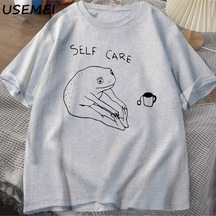 Flood Of Style Komik Kurbağa Öz Bakım T-shirt Retro Cottagecore Kurbağa Baskılı Tshirt Kadın Erkek Yaz Yuvar Gri