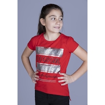 Toontoy Kids Toontoy Kız Çocuk Yazı Baskılı Taş İşlemeli Lame Detaylı Tişört Kırmızı