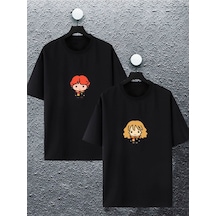 Unisex Kadın Erkek Ron Ve Hermoni Baskılı Sevgili Çift Kombini Tasarım Oversize T-shirt 2'li Siyah1 Mck2402 Siyah