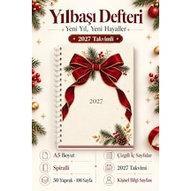 A5 Spiralli Defter 2027 Takvimli 50 Yaprak 100 Sayfa Çizgili Krem Kırmızı Fiyonk Desenli Not Defteri Bej