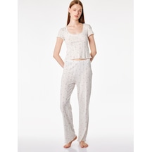 Koton Pamuklu Slim Fit Çiçek Desenli Pijama Altı Ekru Desenli 6slk40179mk