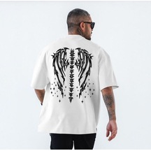Flood Of Style Erkek Beyaz Yıldızlı Melek Kanadı Baskılı Bisiklet Yaka Tshirt