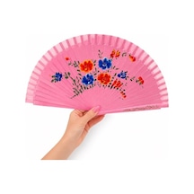 Pembe Zeminli Katlanabilir El Yelpazesi Mavi Kırmızı Çiçek Desenli Ahşap Saplı Dekoratif El Yelpazesi 40x22 Cm Geleneksel Tasarım