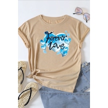 Uyguntarz Unisex Forever Love Baskılı Oversize Tshirt Bej