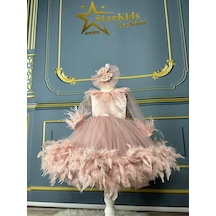 Star Kids Fashion Pudra Rengi Uzun Kollu Tütü Elbise, Etekleri Otrişli Özel Tasarım Doğum Günü Elbisesi