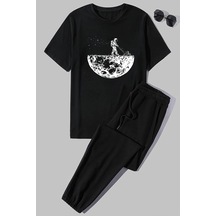 Uyguntarz Unisex Uzay Temalı Baskılı 2'li Eşofman Takımı Siyah