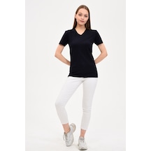 Genıus Kadın V Yaka Basic T-Shirt Lacivert
