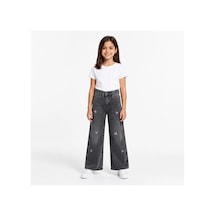 Rony Pony Kids Kız Çocuk Fiyonk Nakışlı Palazzo Kot Pantolon Yüksek Bel Geniş Paça Jean Gri