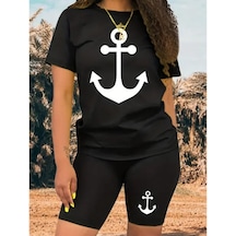 Lucky Life Kadın Kısa Kollu Çapa Baskılı Viskon Ikili Takım 001