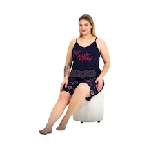 Lady Lacivert Renk Ççek Desenli Askılı Yaka 10443 Şortlu Büyük Beden Anne Pijama Takımı Lacivert - Kırmızı