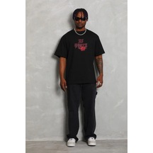 Erkek Baskılı Tişört Kısa Kol Bisiklet Yaka Oversize T-shirt - Siyah