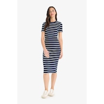 DeFacto Bodycon Vücudu Saran Bisiklet Yaka Çizgili Fitilli Kaşkorse Kısa Kollu Midi Yazlık Elbise E8988AX25SMNV241