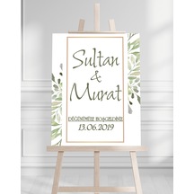 Söz Nişan Düğün İçin 50x70 Karşılama Panosu - Yeşil Renkleri Çiçek Temalı 03 Beyaz