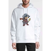 Pubg Animasyon Baskılı Beyaz Erkek Örme Kapşonlu Sweatshirt
