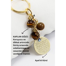 Doğal Taşlı Metal Ayetel Kürsi Dualı Anahtarlık, Kaplan Gözü Bonc