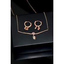 Papatya Silver 925 Ayar Gümüş Rose Kaplama Top Motifli Pembe Ay Taşı Yonca Kolye ve Küpe Set