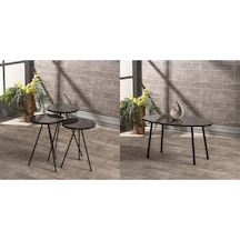 Zigon Sehpa Ve Orta Sehpa Set Metal Elips Siyah Mermer Desen